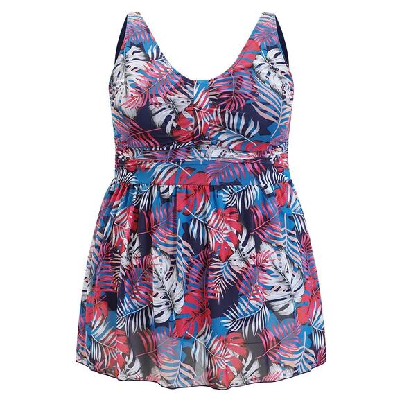 Size 22 - 24 • 3x • BloomChic Plant Contrast Ruffle Hem A Line Ruched Swim Dress - Picture 6 of 8